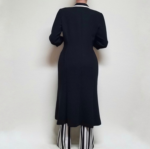 Vintage 80s Studio 1 Black White Trim Ruffle Hem Quarter Sleeve Trenchcoat Dress - Picture 3 of 13